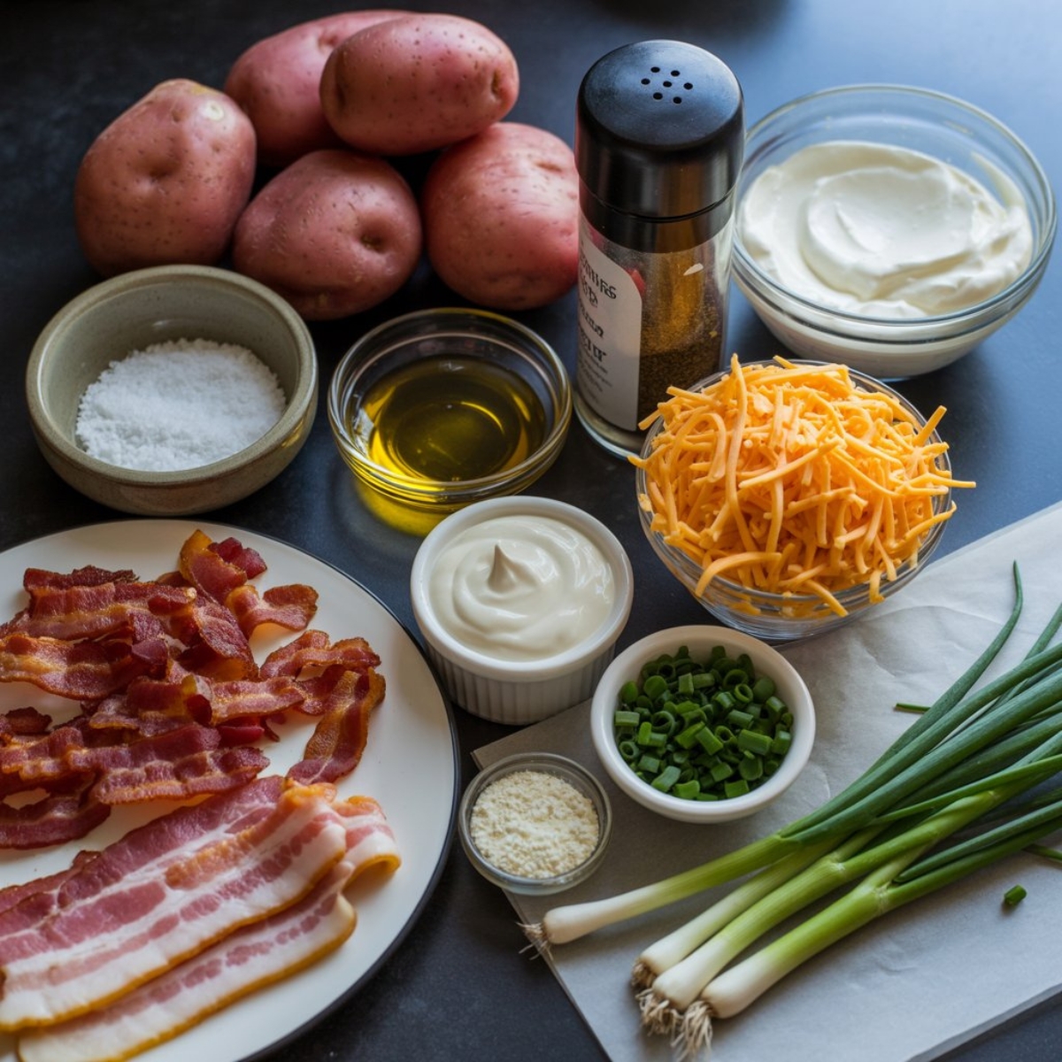 Loaded potato salad ingredients laid out on a counter
