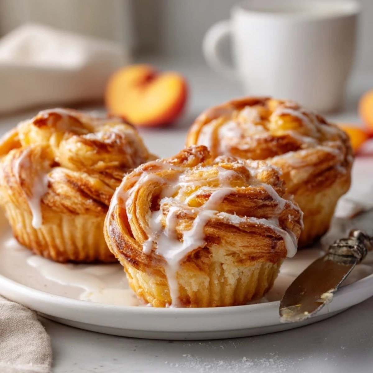 Flaky homemade peach cruffins on white plate