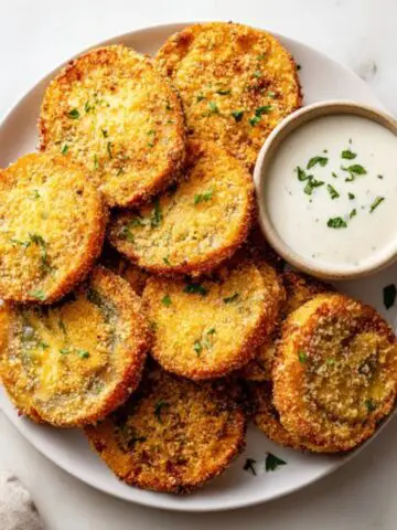 crispy homemade air fryer fried green tomatoes on white plate