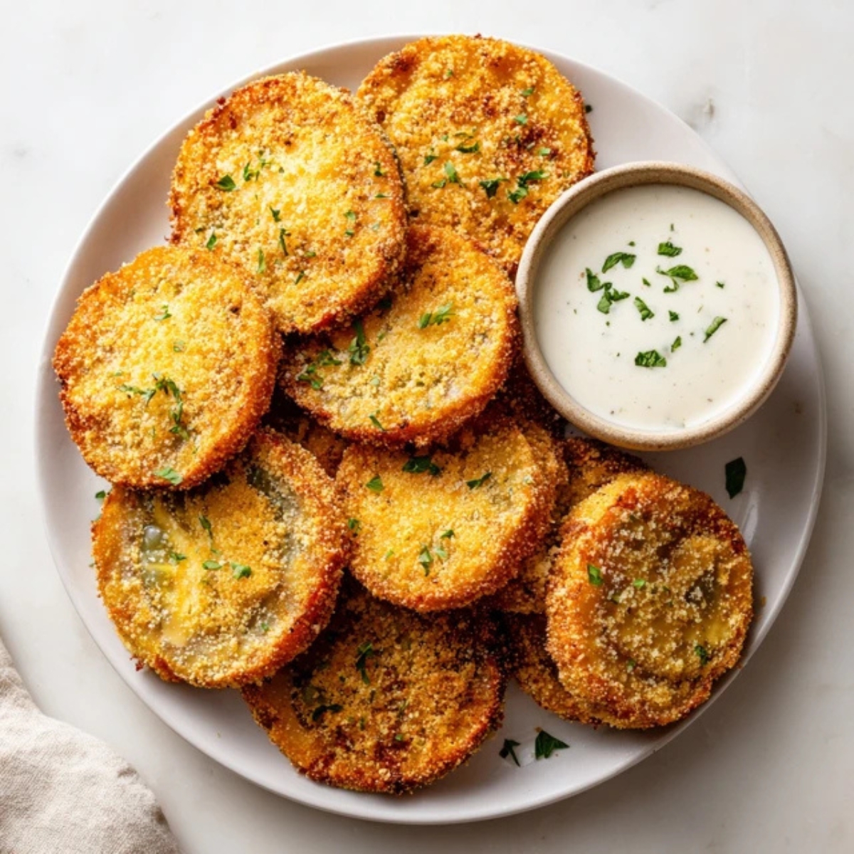 crispy homemade air fryer fried green tomatoes on white plate