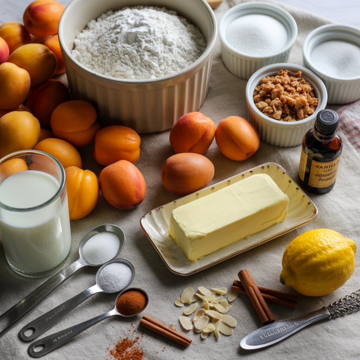 Flat lay of ingredients for moist apricot cake on a white kitchen counter

