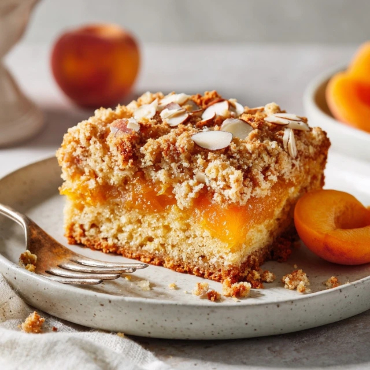 Moist apricot cake slice on a white plate with crumb topping and fresh apricots