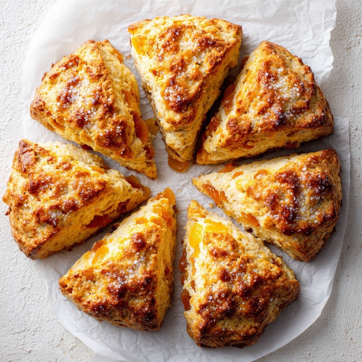 Golden flaky apricot scones with coarse sugar on white kitchen counter