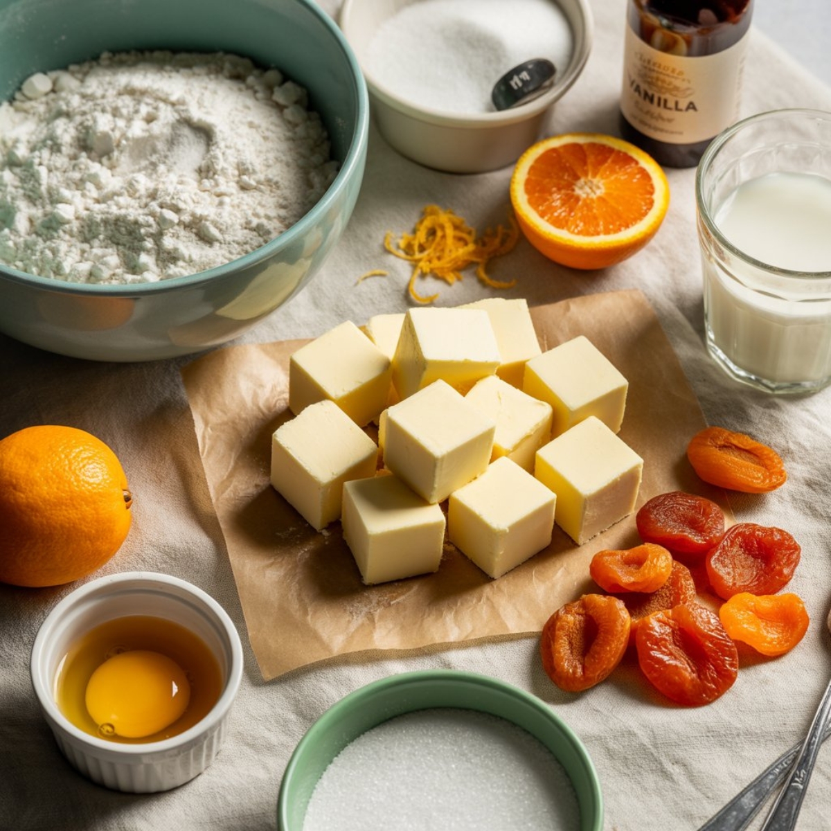 Ingredients for apricot scones on white kitchen counter

