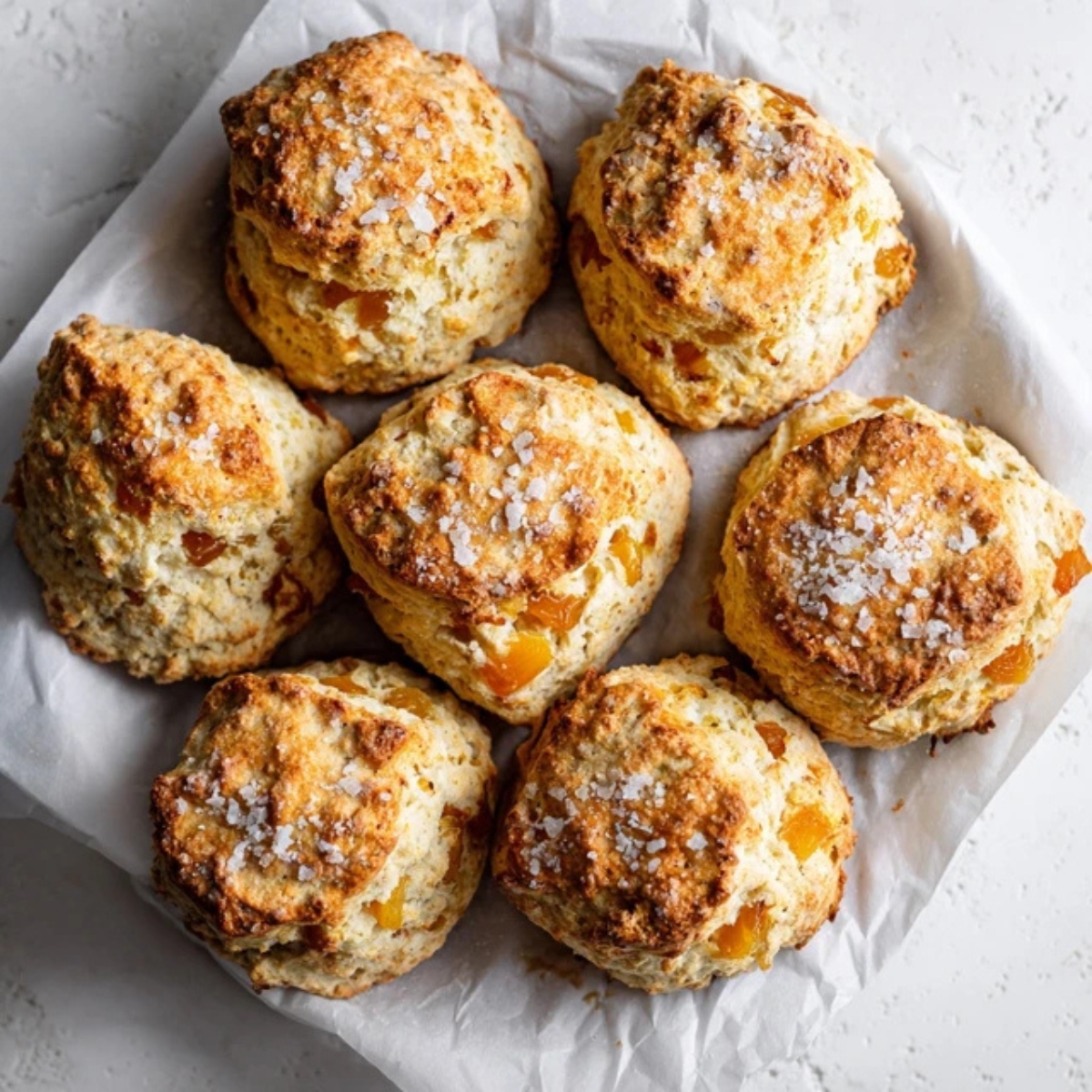 Golden flaky apricot scones with coarse sugar on white kitchen counter

