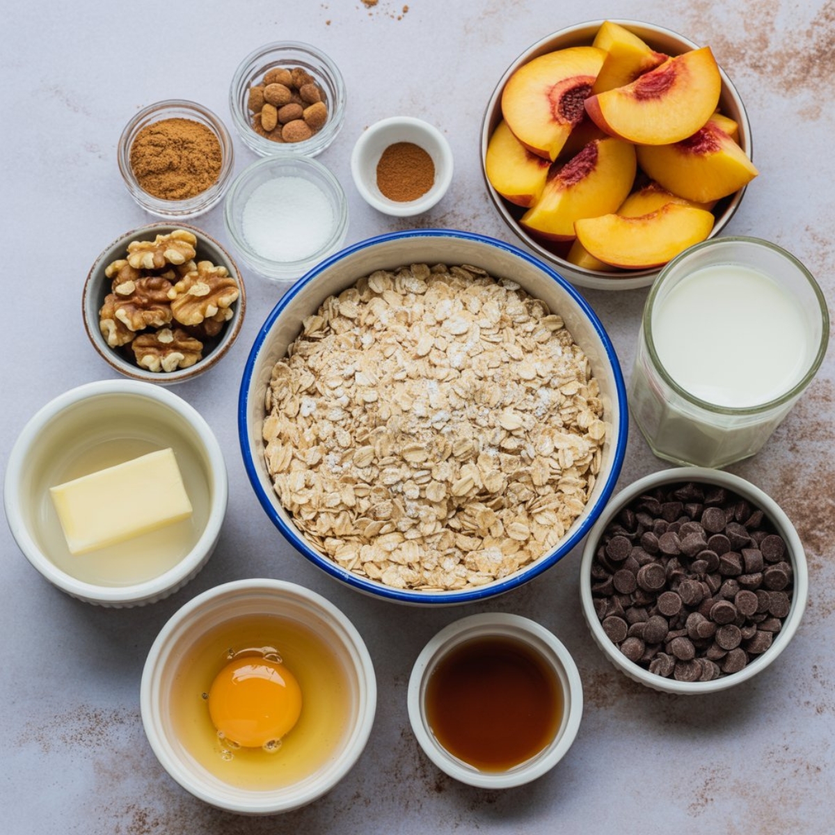 ingredients for baked oatmeal with peaches on white counter