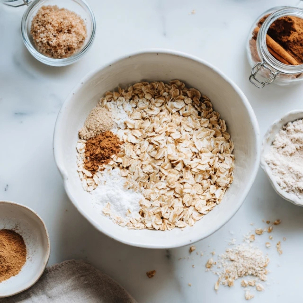 dry ingredients for peach baked oatmeal in a white mixing bowl