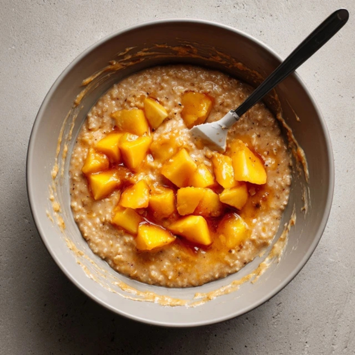 peach oatmeal batter mixed with diced peaches in a bowl