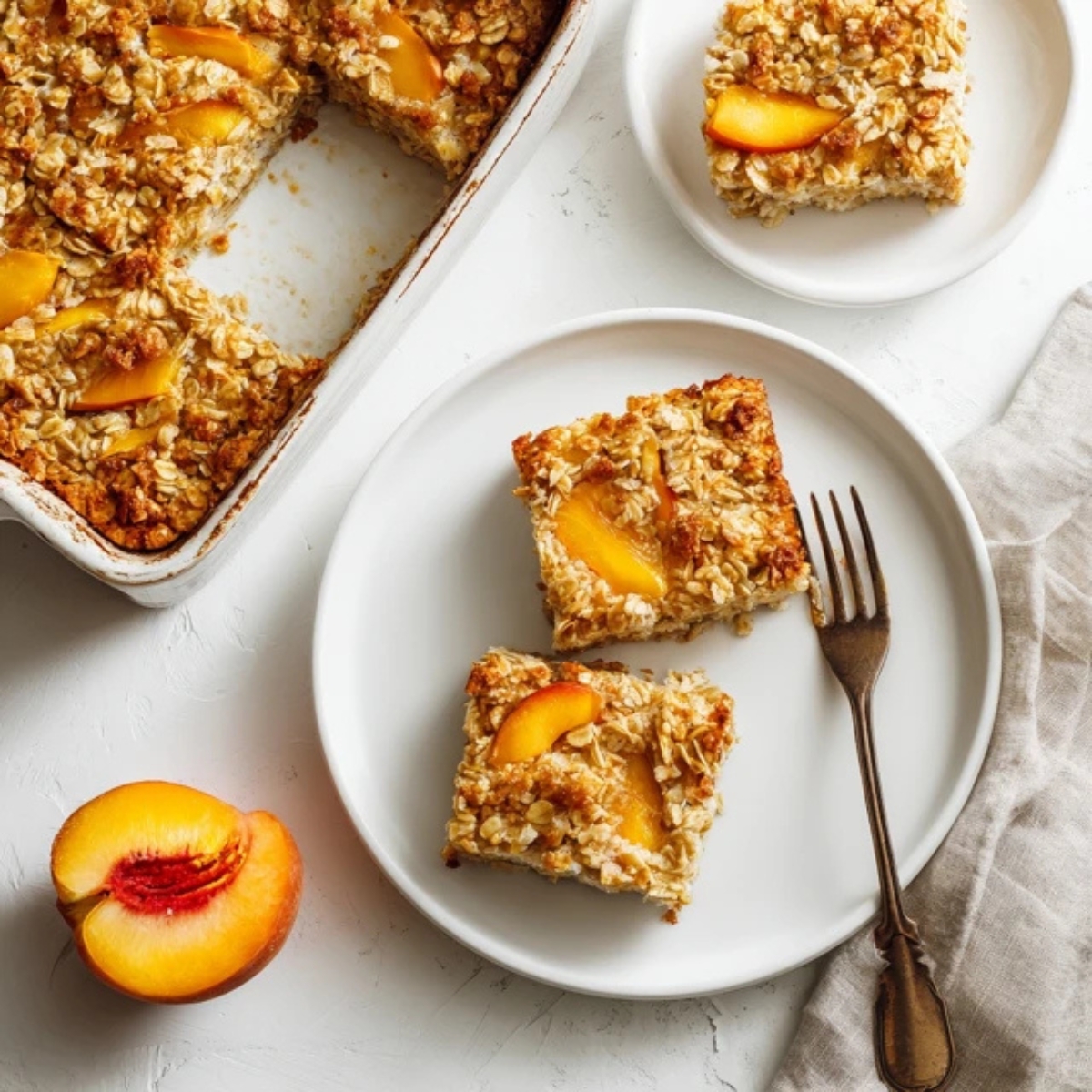 sliced baked peach oatmeal served on white plate
