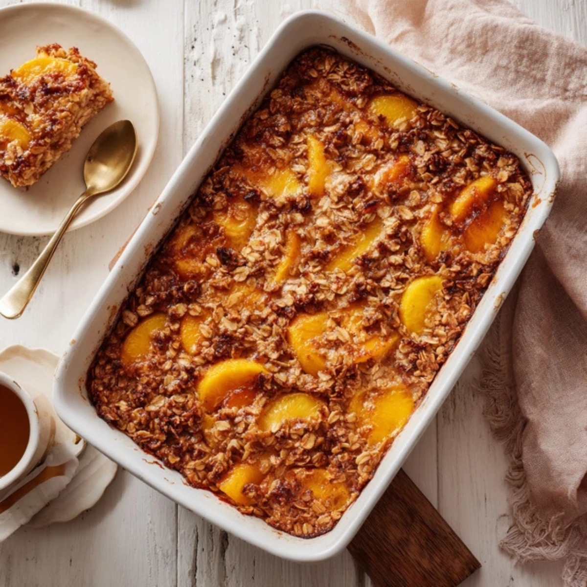 baked oatmeal with peaches in a white dish on kitchen counter