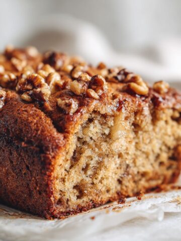 Freshly baked banana walnut cake recipe cooling on a white counter