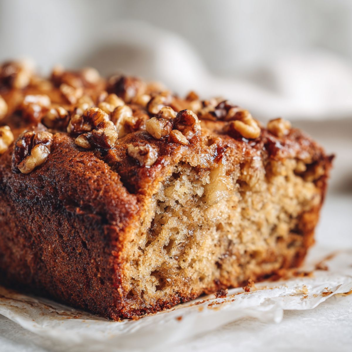 Freshly baked banana walnut cake recipe cooling on a white counter