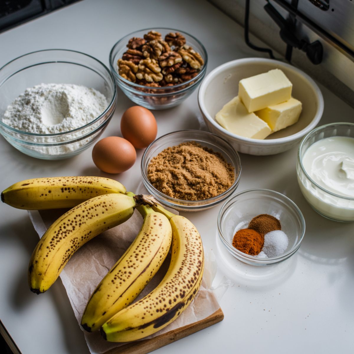 Ingredients laid out for banana walnut cake on a white countertop