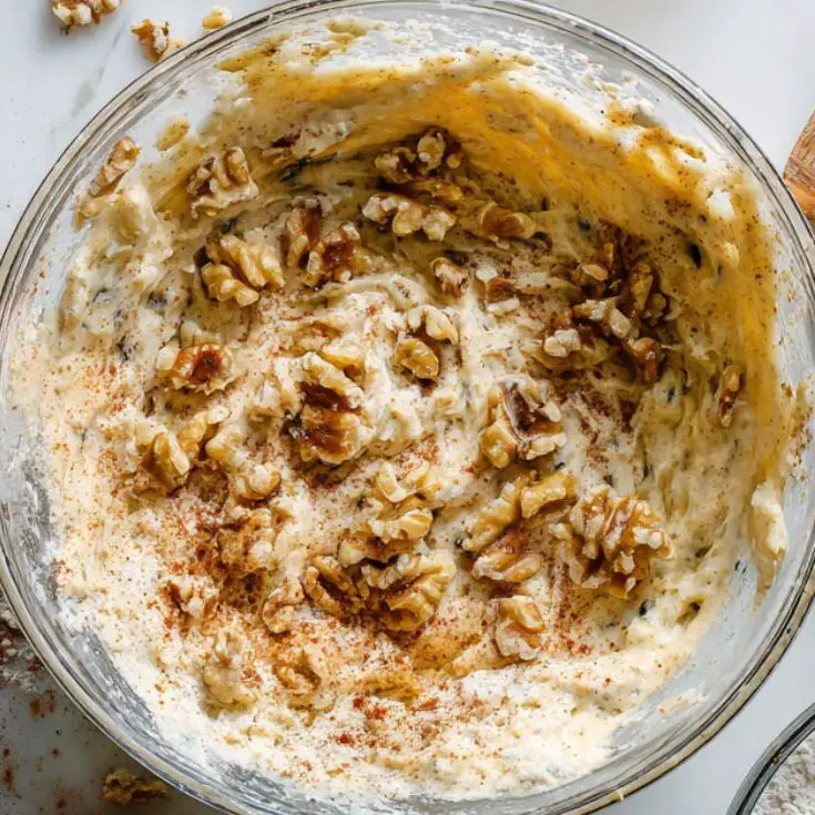 Folding dry ingredients and walnuts into banana cake batter