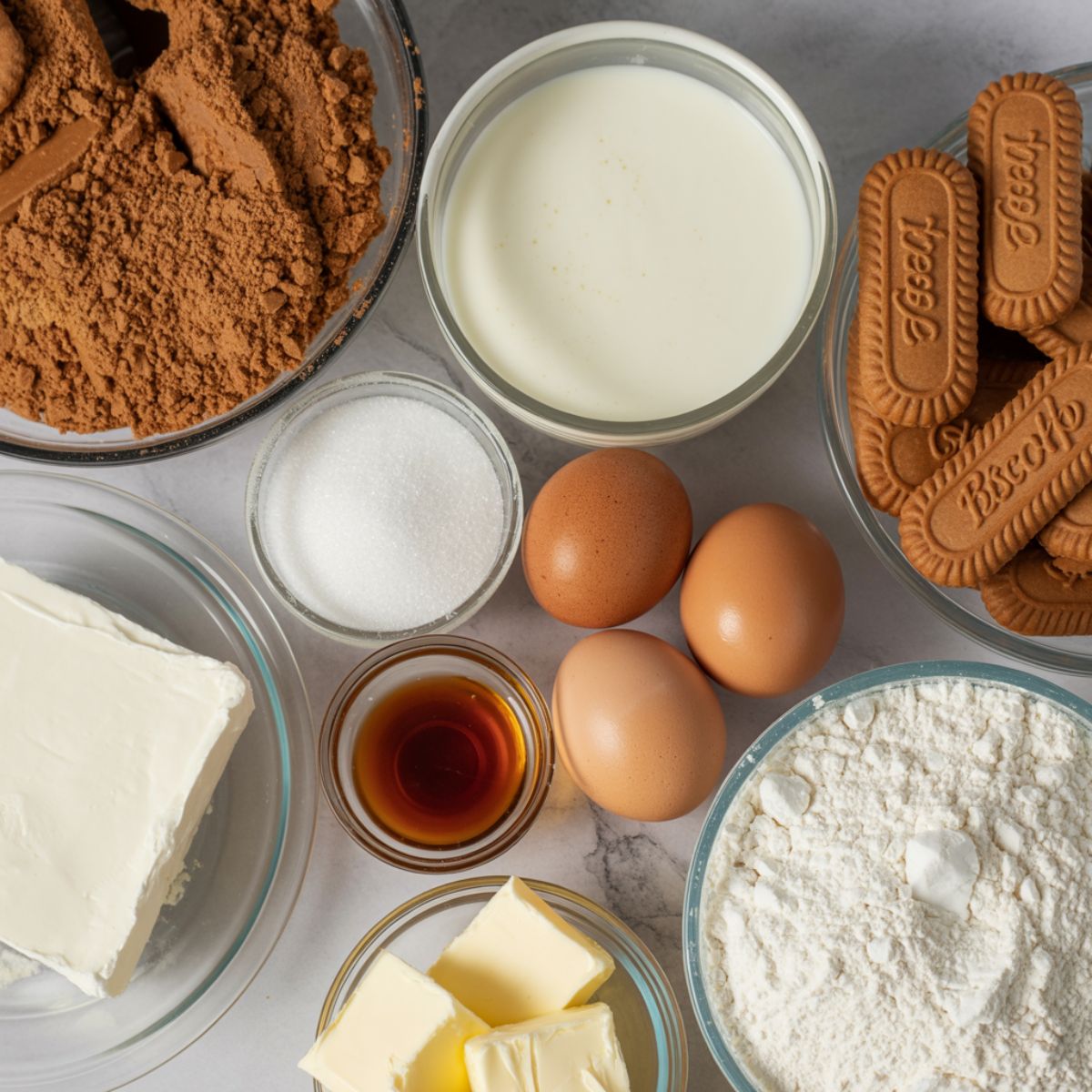 Top-down view of all ingredients for Biscoff cream cake arranged on a white kitchen counter

