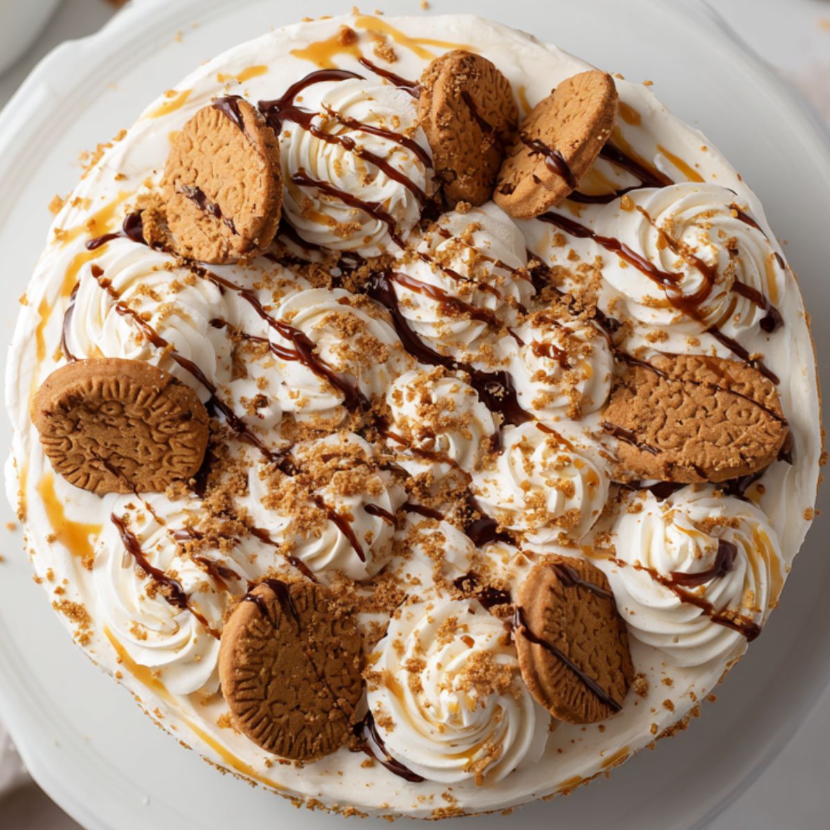 Homemade Biscoff cream cake  recipe with cookie drizzle and cookie topping on a white kitchen counter


