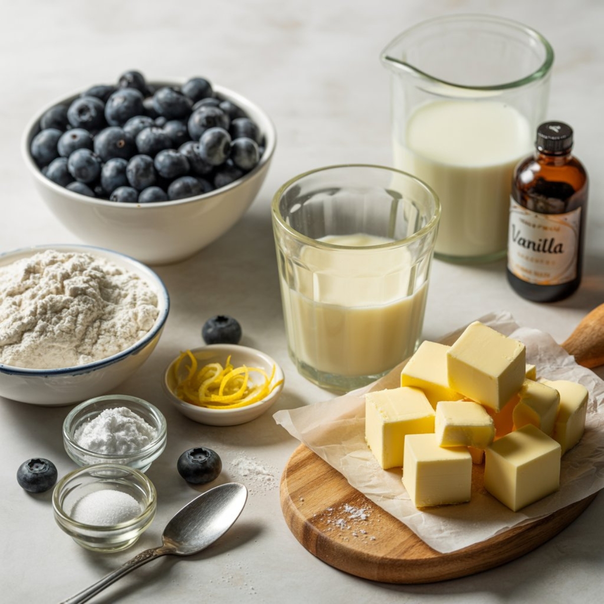 Blueberry biscuit ingredients on white kitchen counter