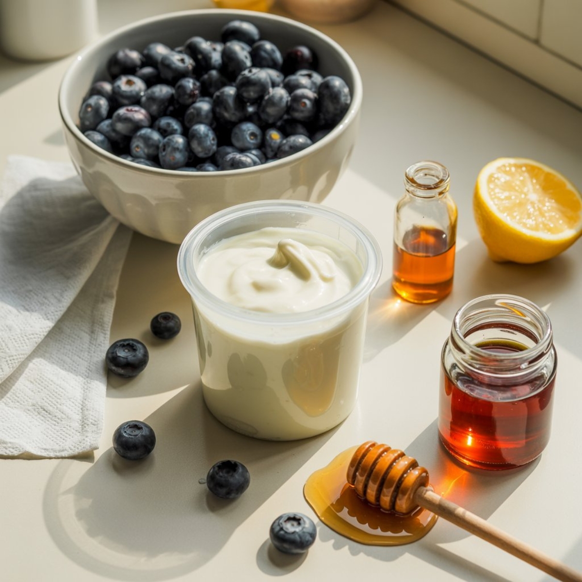 Blueberry yogurt bites ingredients laid out on a white kitchen counter