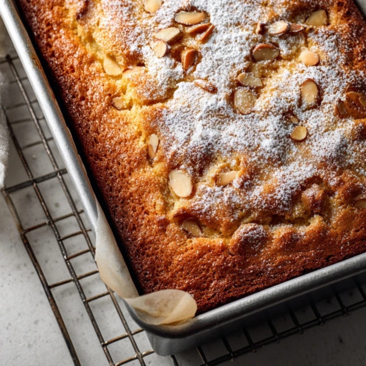 Baked cherry almond cake in silver pan on cooling rack