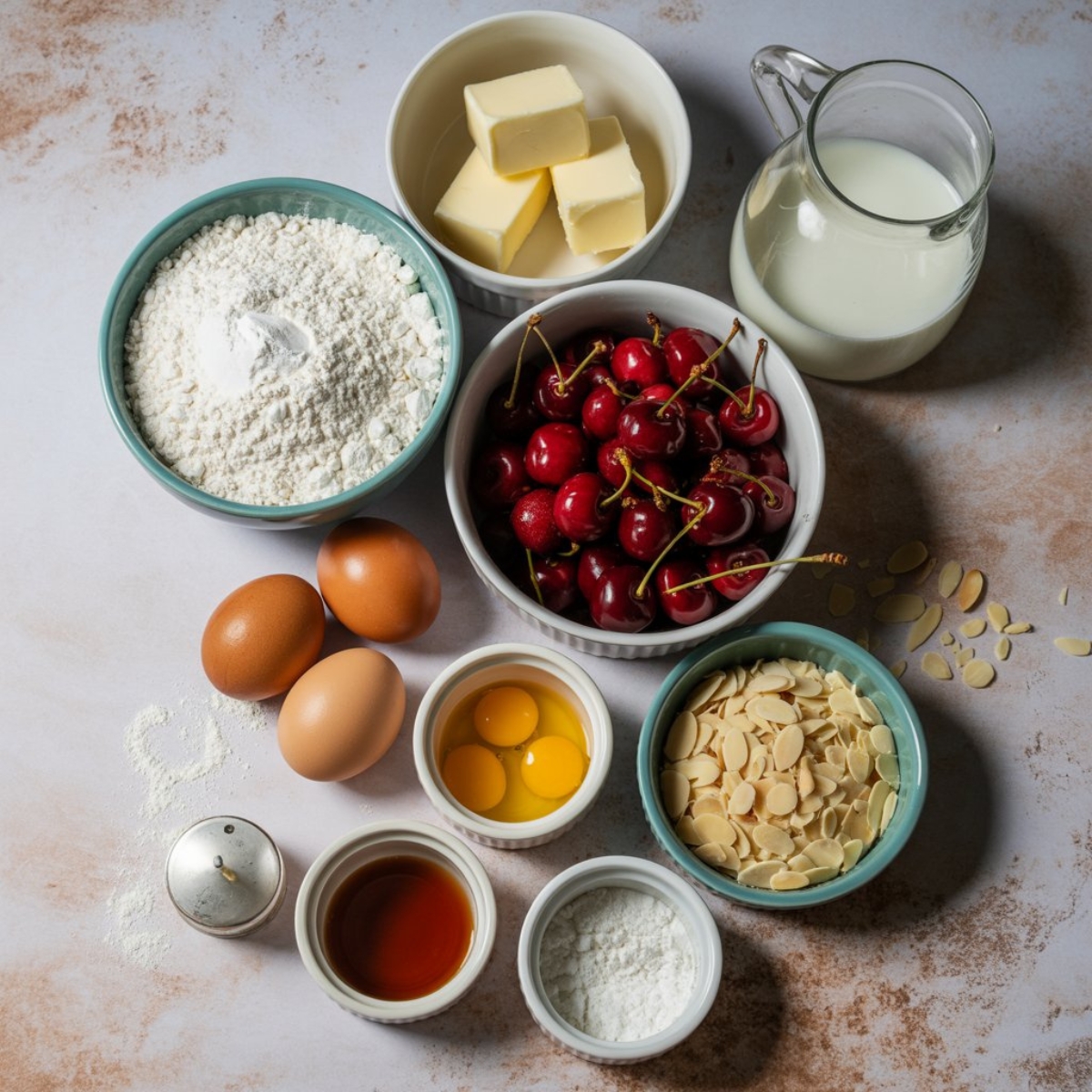 Flat lay of cherry almond cake ingredients on white counter