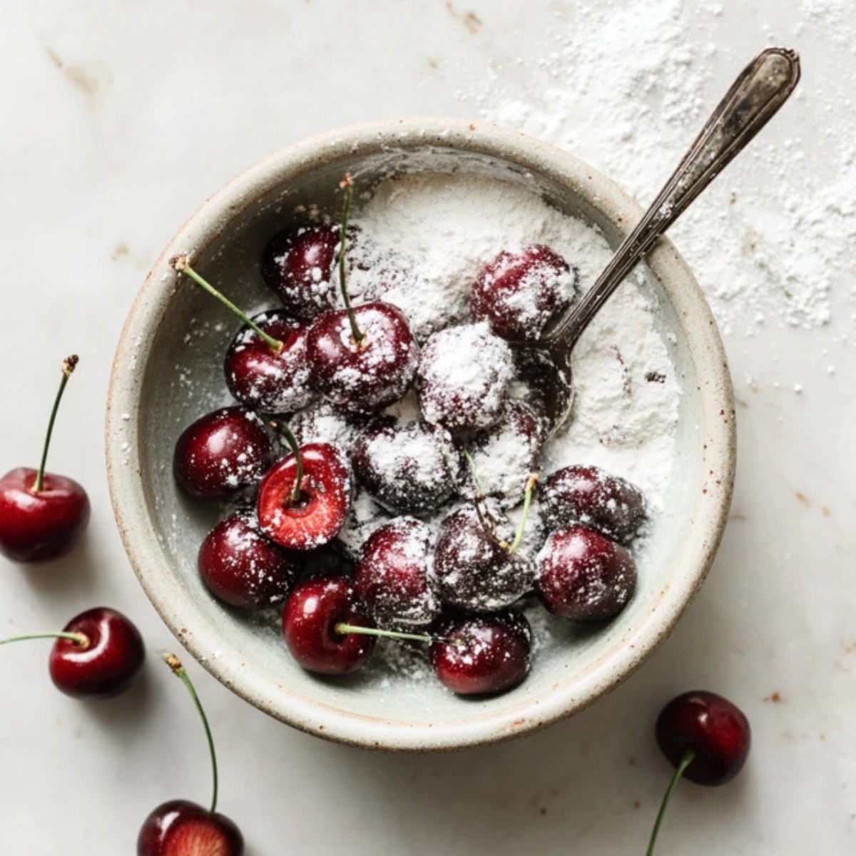 Bowl of flour-coated cherries on white counter