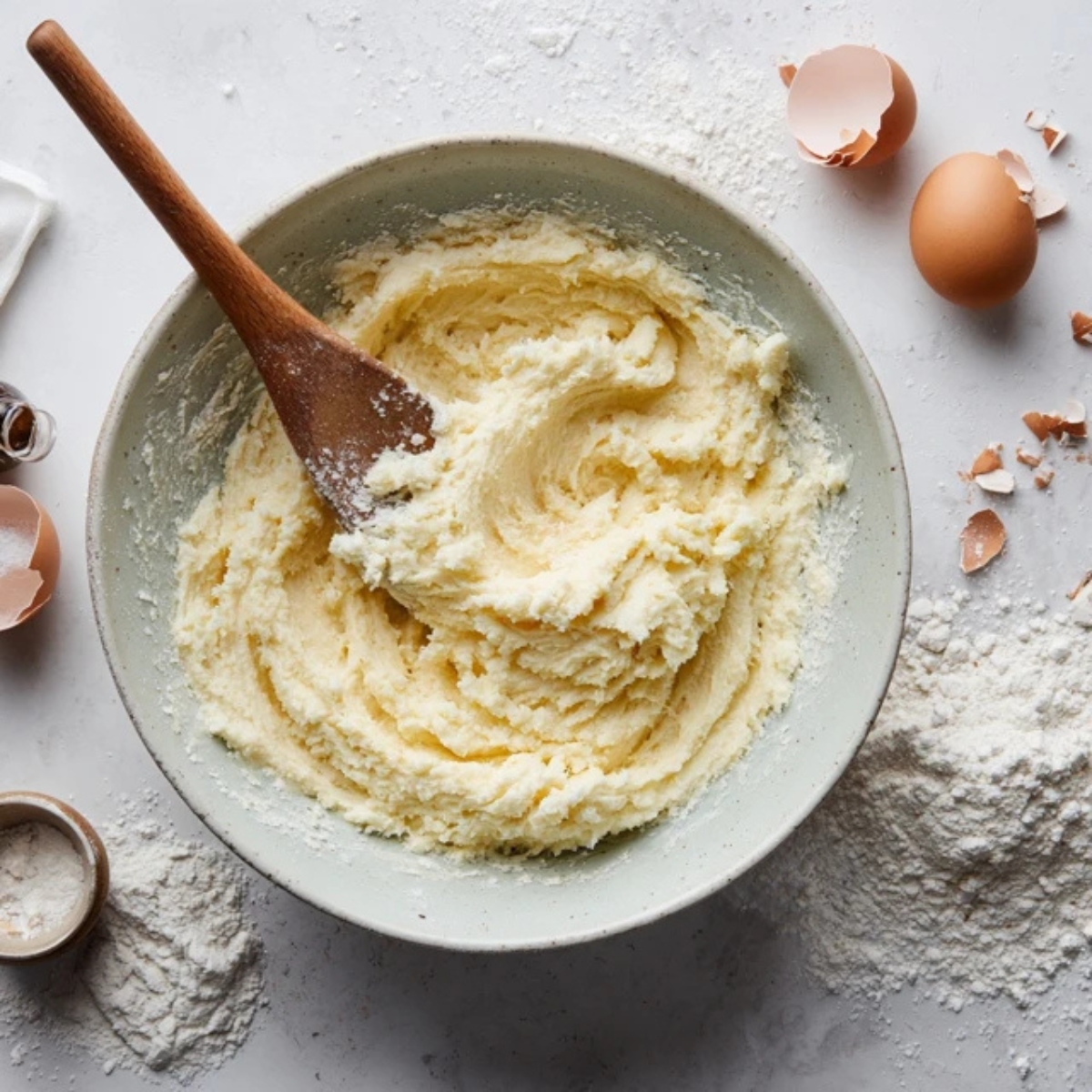 Creamed butter and sugar mixture in mixing bowl