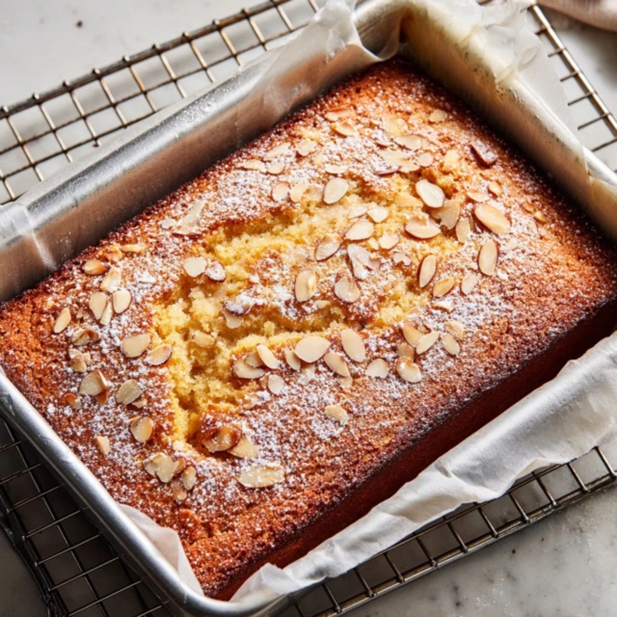 Rustic cherry almond cake with almonds and powdered sugar