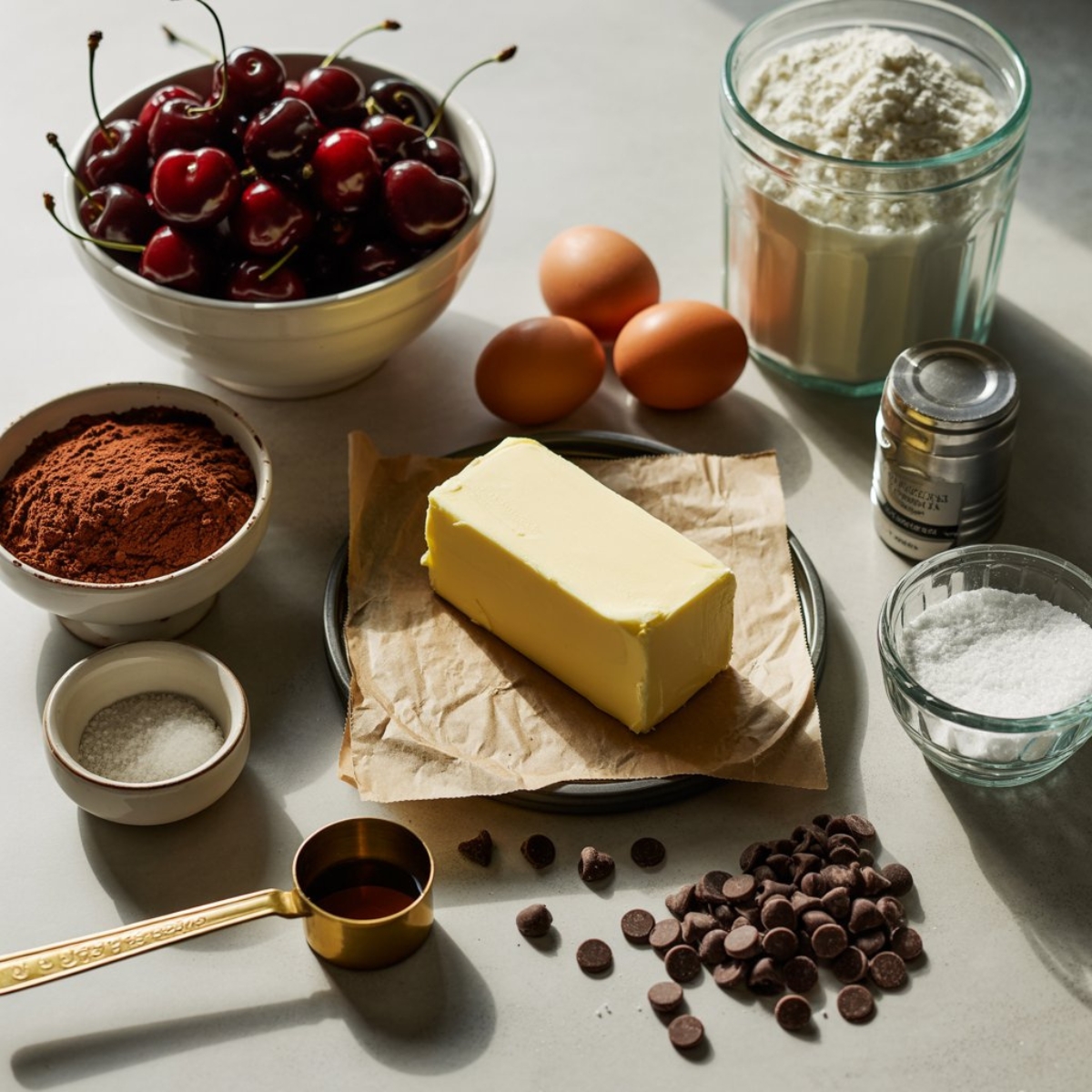 Cherry brownie ingredients on kitchen counter