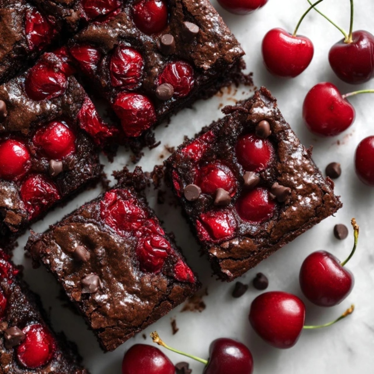 Fudgy cherry brownies cut into squares showing chocolate and fresh cherry pieces