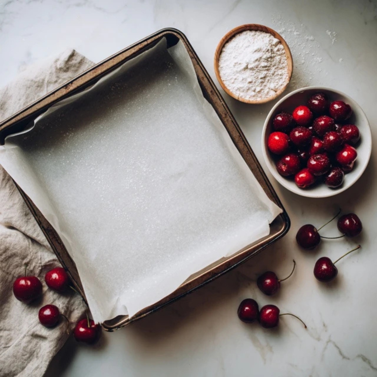 Lined baking pan and floured cherries on counter