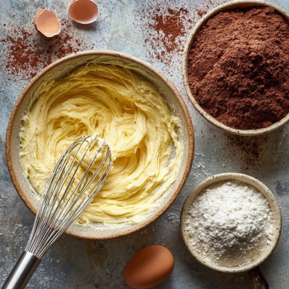 Mixing bowl with chocolate brownie batter in progress