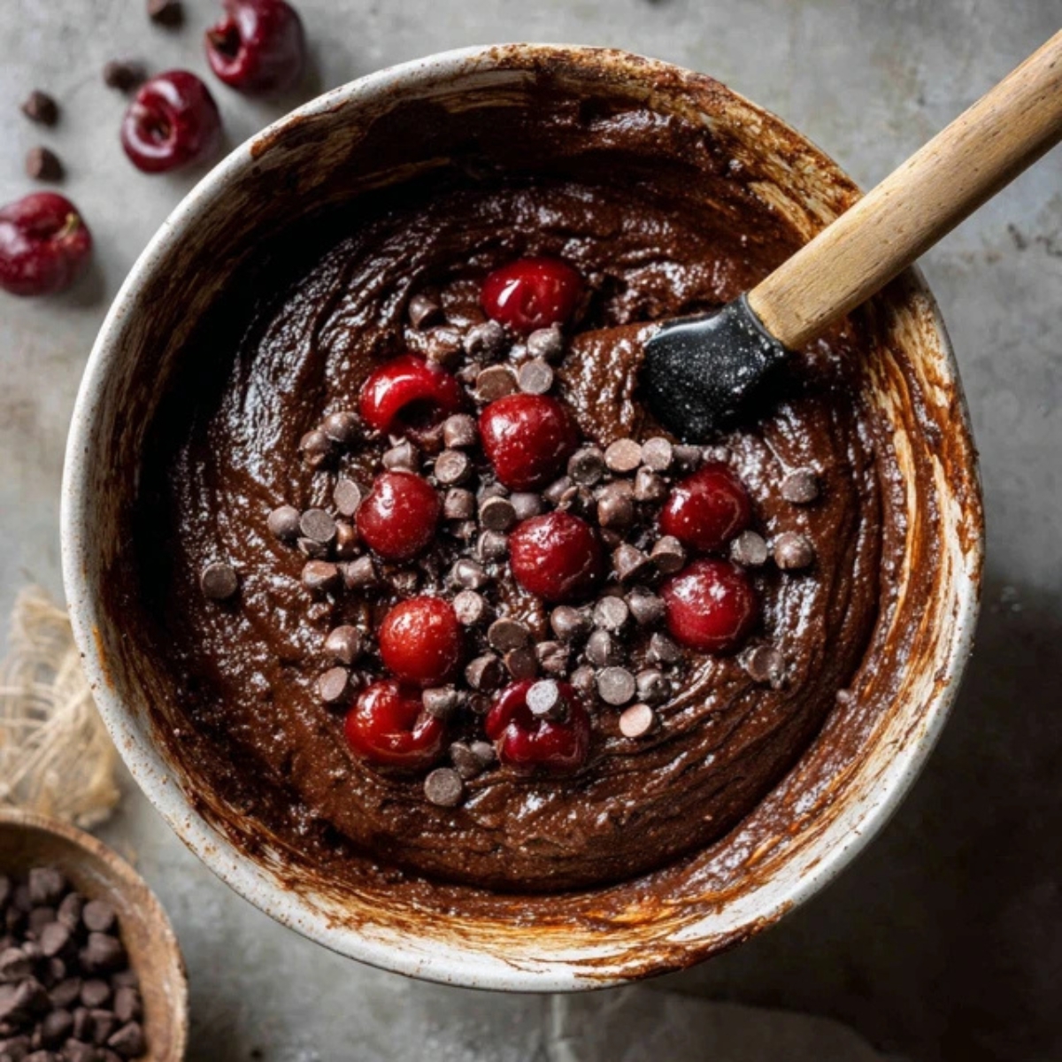 Thick brownie batter with cherries and chocolate chips folded in