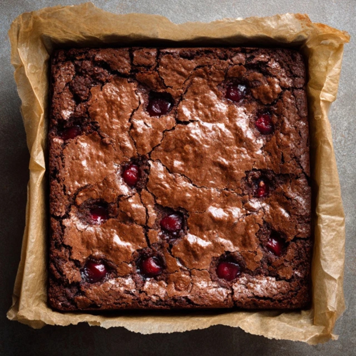 Freshly baked cherry brownies cooling in pan