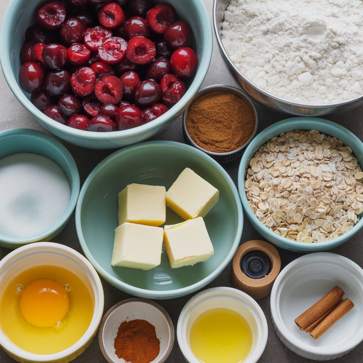 Cherry crumble pie ingredients in small bowls on white kitchen counter
