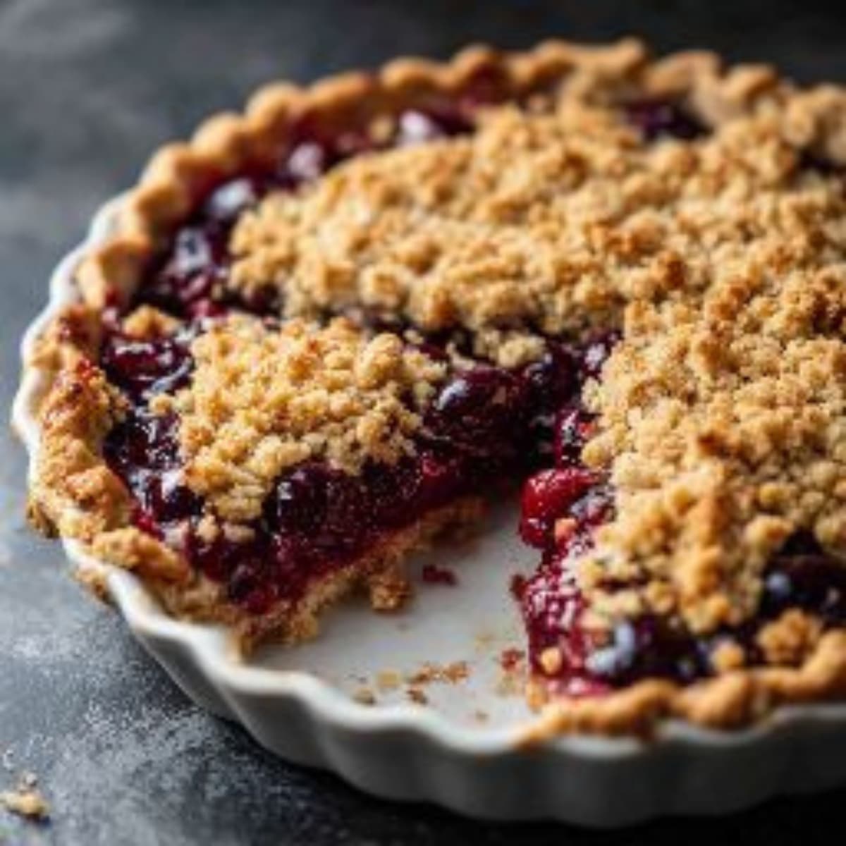 Golden cherry crumble pie with buttery oat topping and fresh cherry filling, one slice removed showing flaky crust layers, served