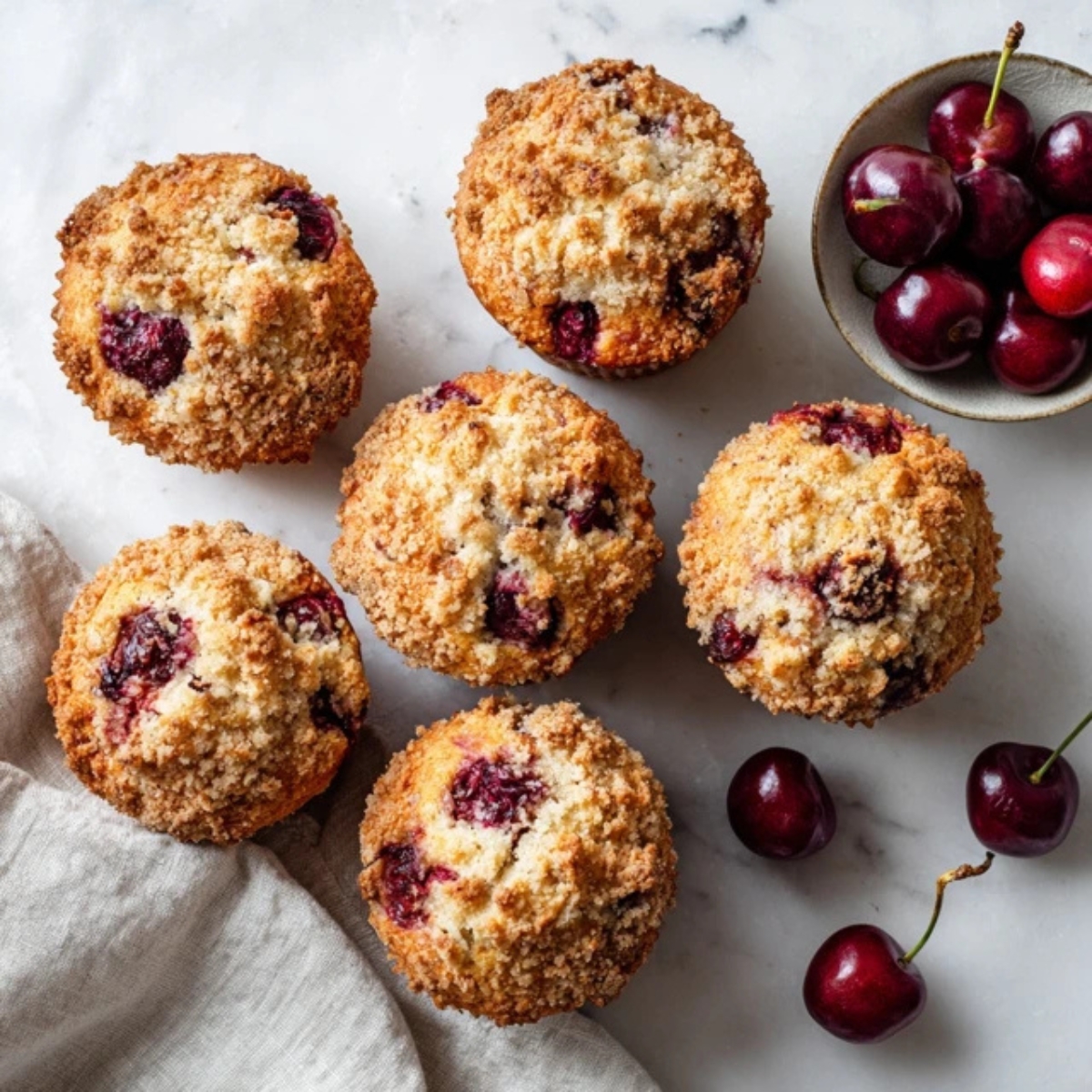 Bakery-style cherry muffins on white kitchen counter