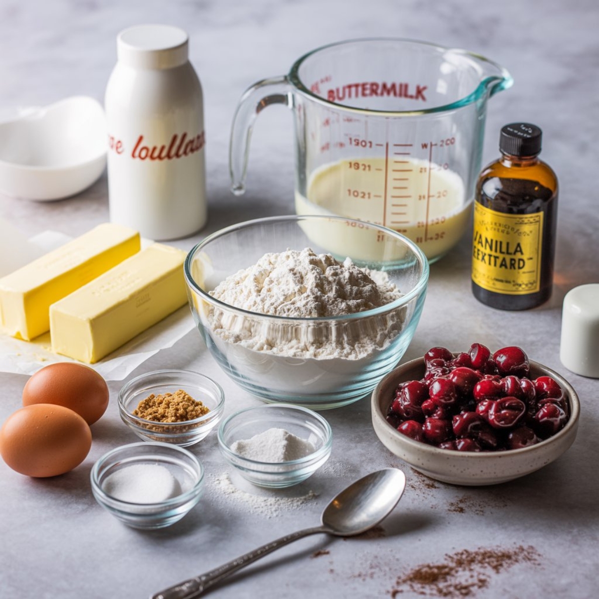 Cherry muffin ingredients arranged on white kitchen counter

