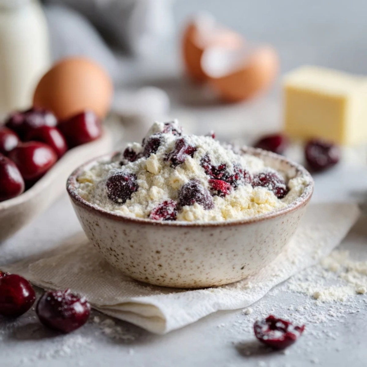 Flour-coated chopped cherries in small bowl on counter

