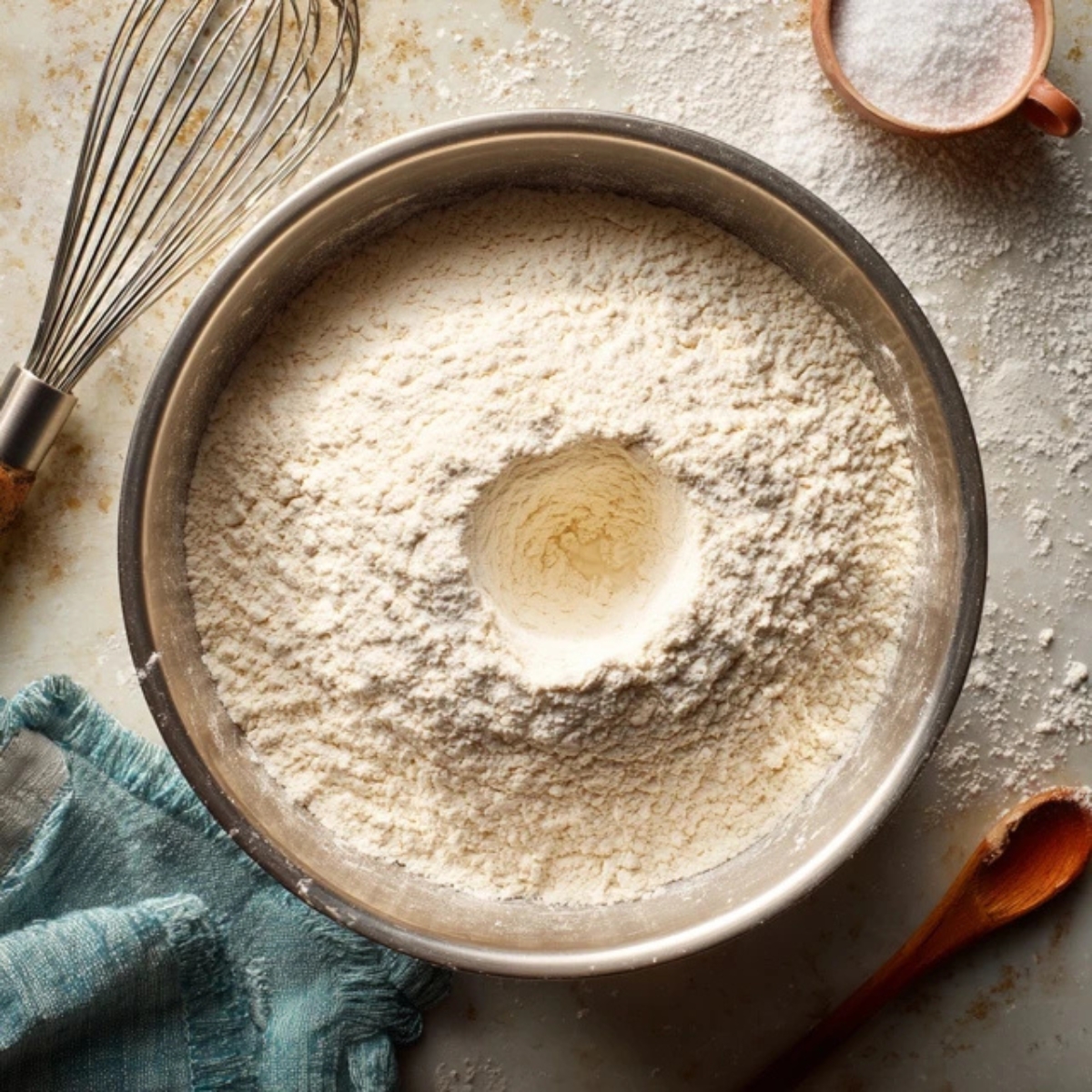 Dry ingredients whisked in bowl with center well

