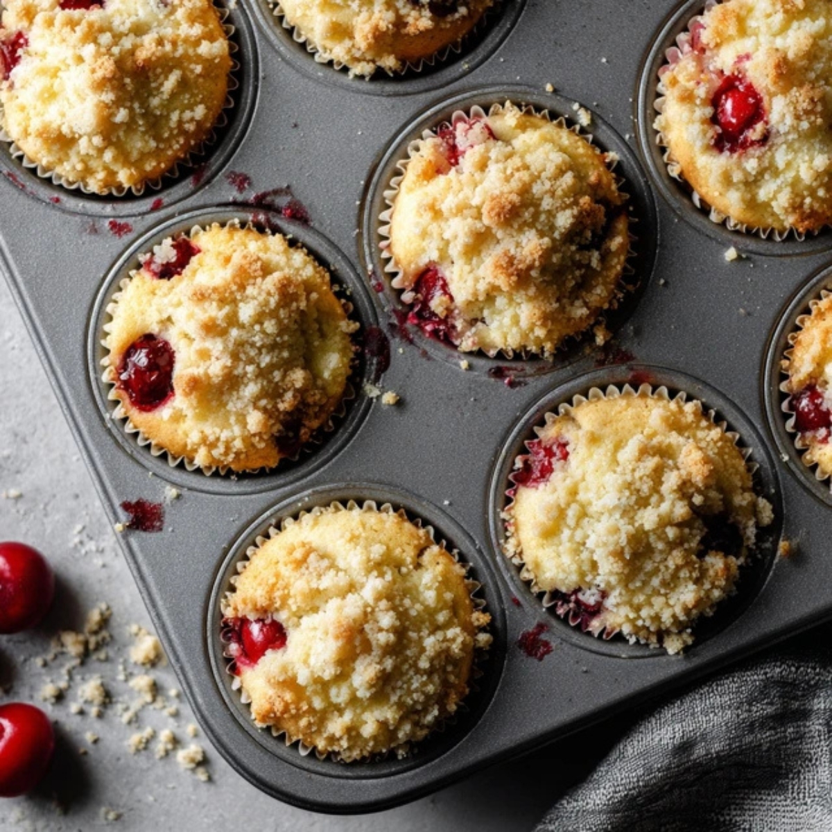 Muffin tin filled with cherry muffin batter and crumb topping


