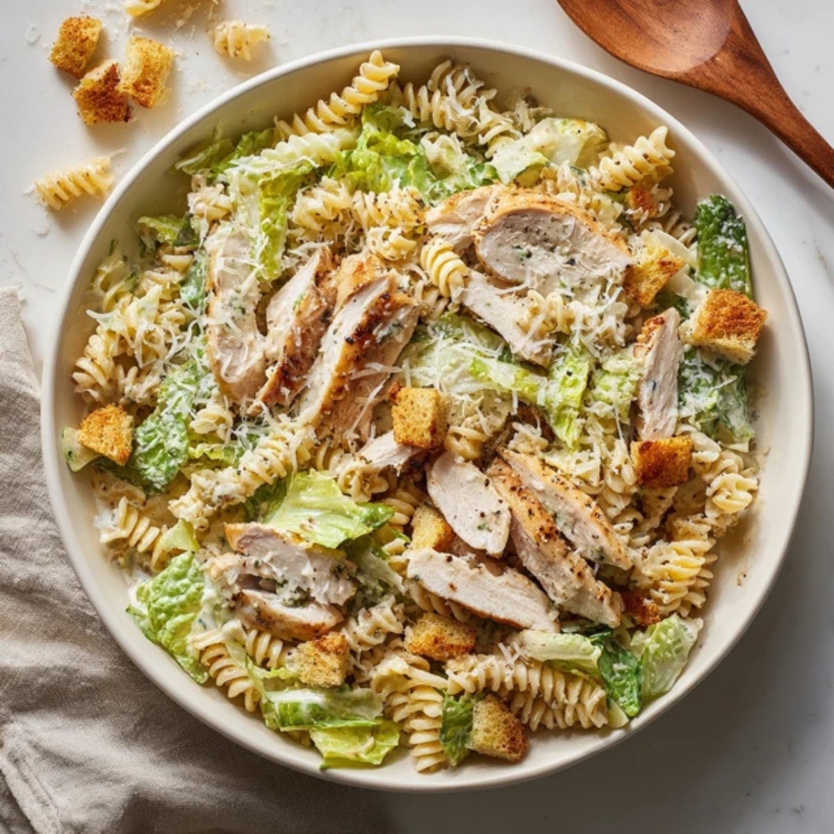 chicken caesar pasta salad in a white bowl on kitchen counter

