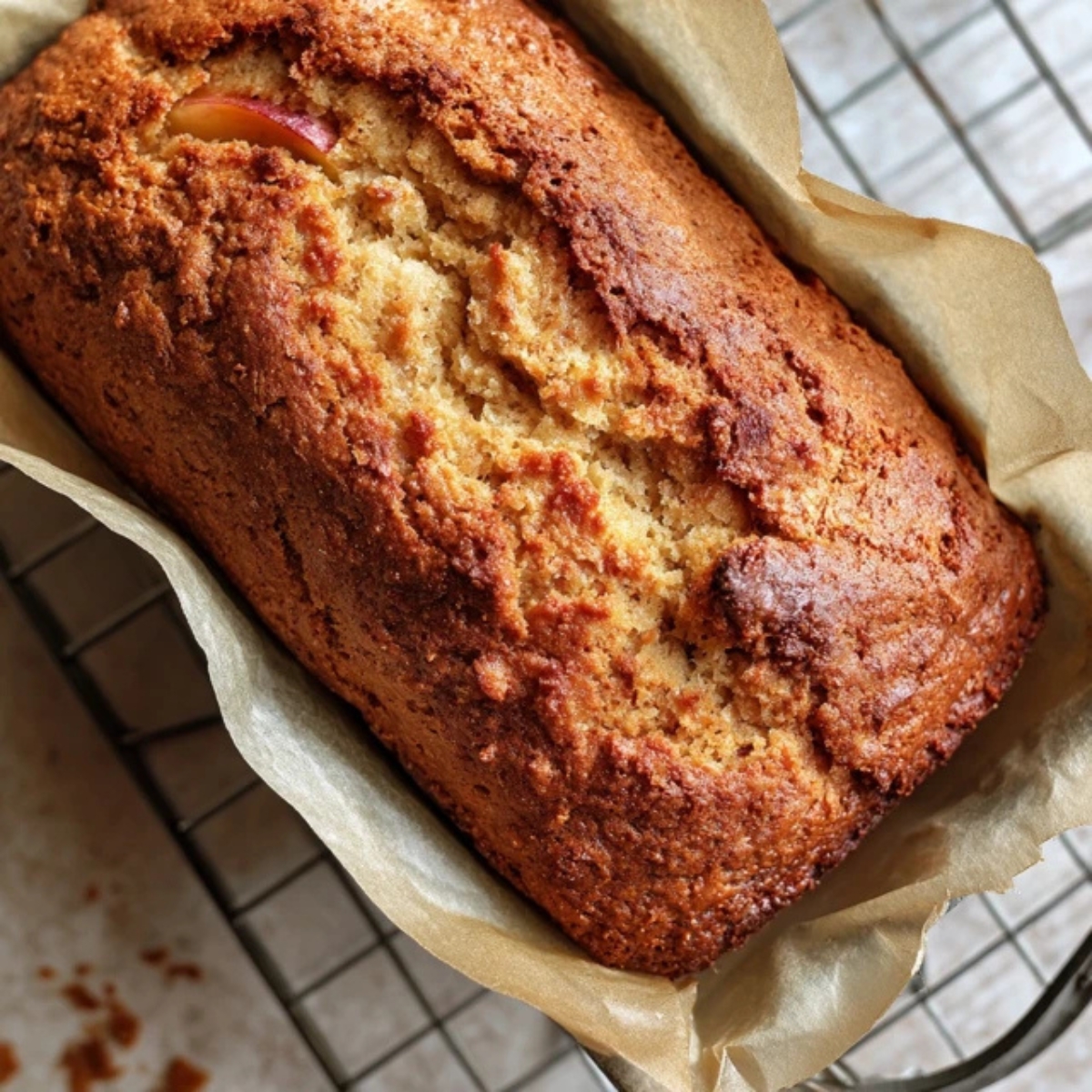 Baked cinnamon peach bread in pan on wire rack