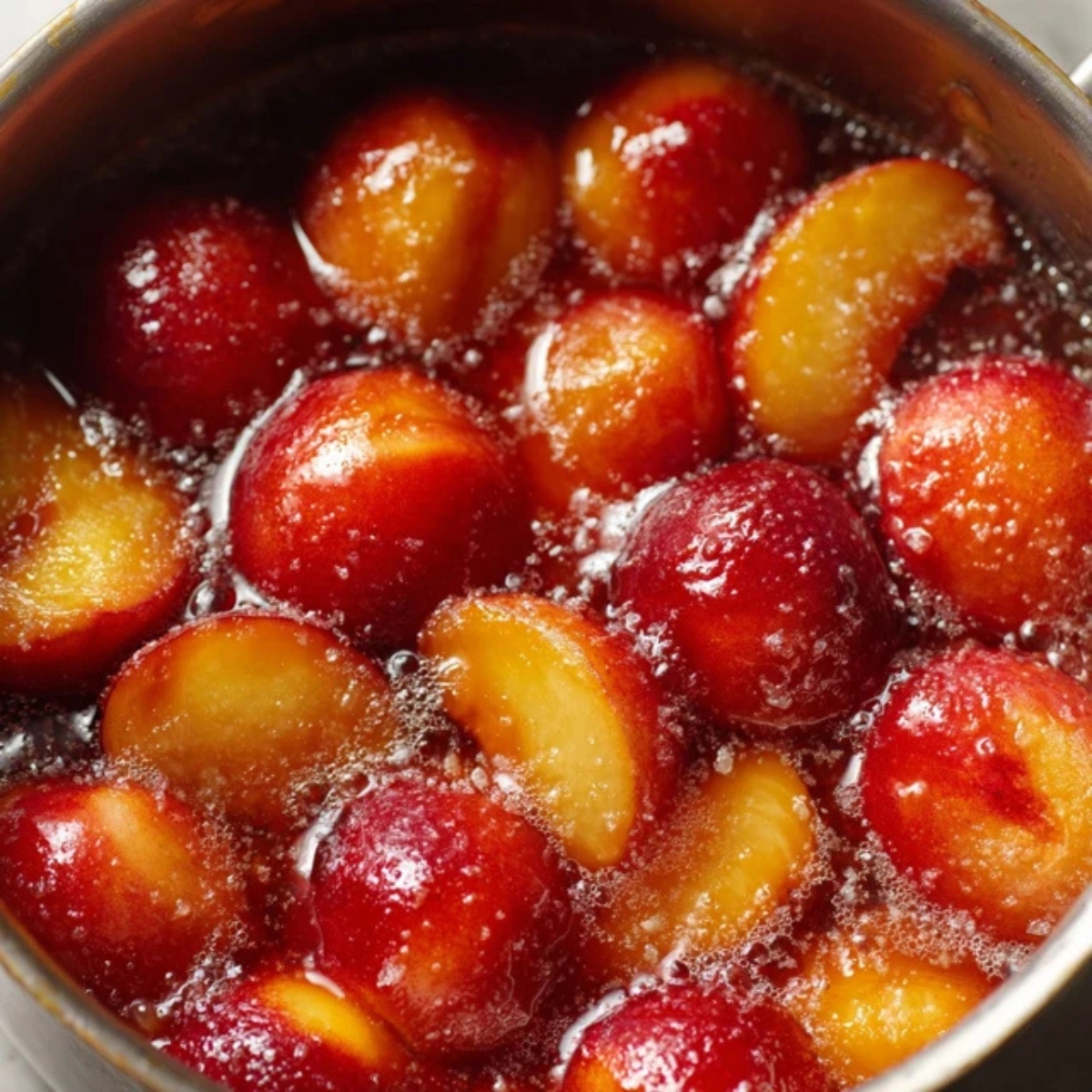 Nectarine chunks simmering with sugar in a pot

