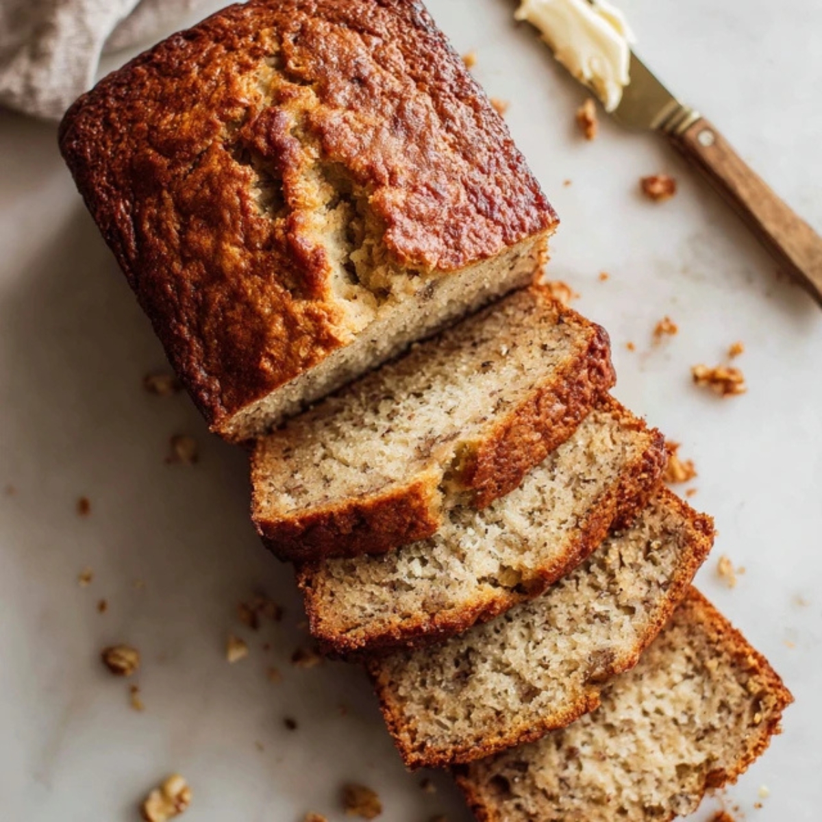 sliced cottage cheese banana bread on white counter