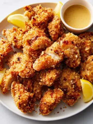 crispy golden crunch chicken on white plate with dipping sauce on white counter