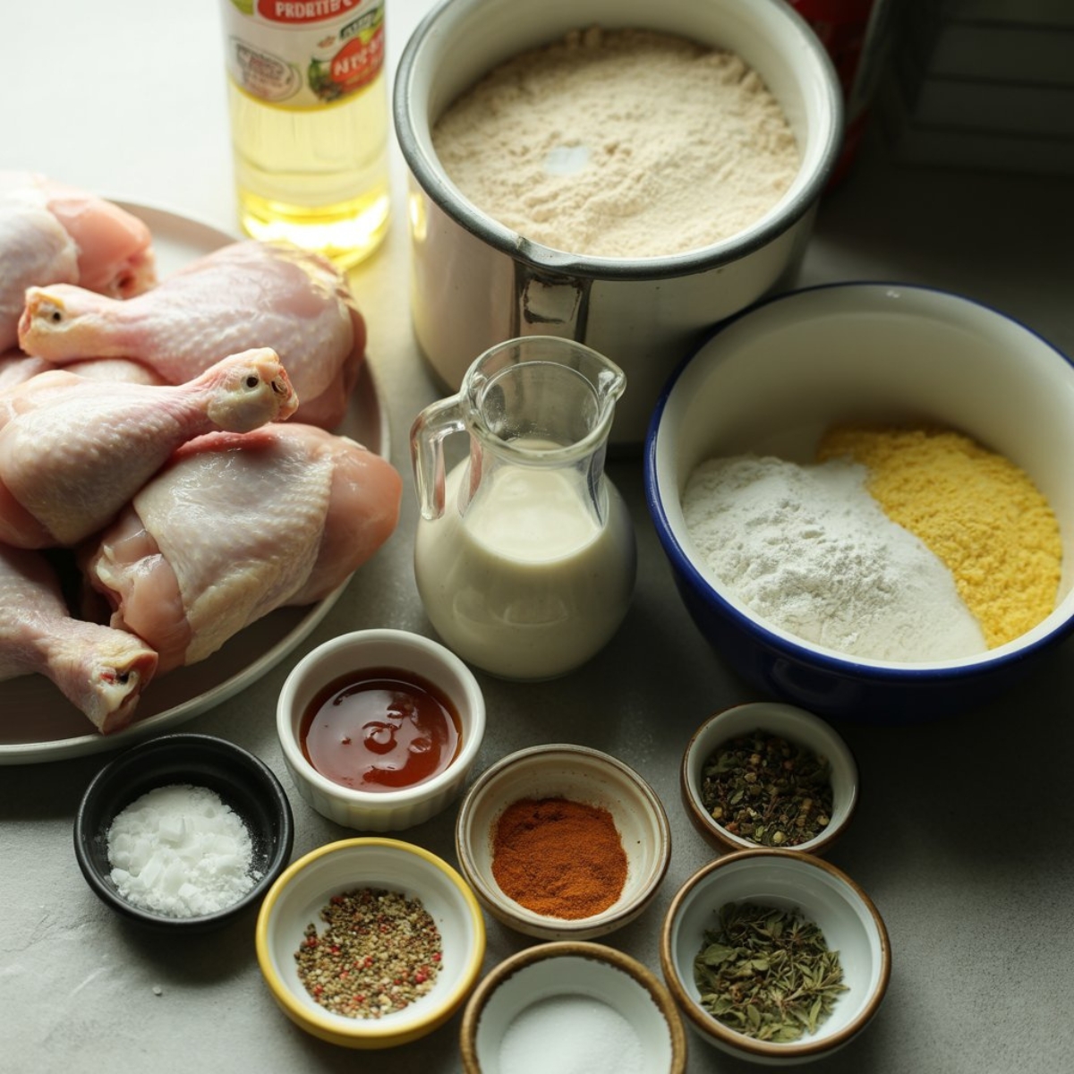 top view of crunch chicken ingredients on white kitchen counter