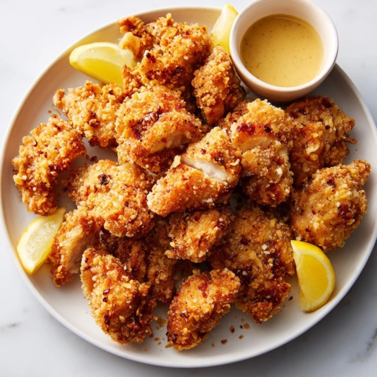 crispy golden crunch chicken on white plate with dipping sauce on white counter