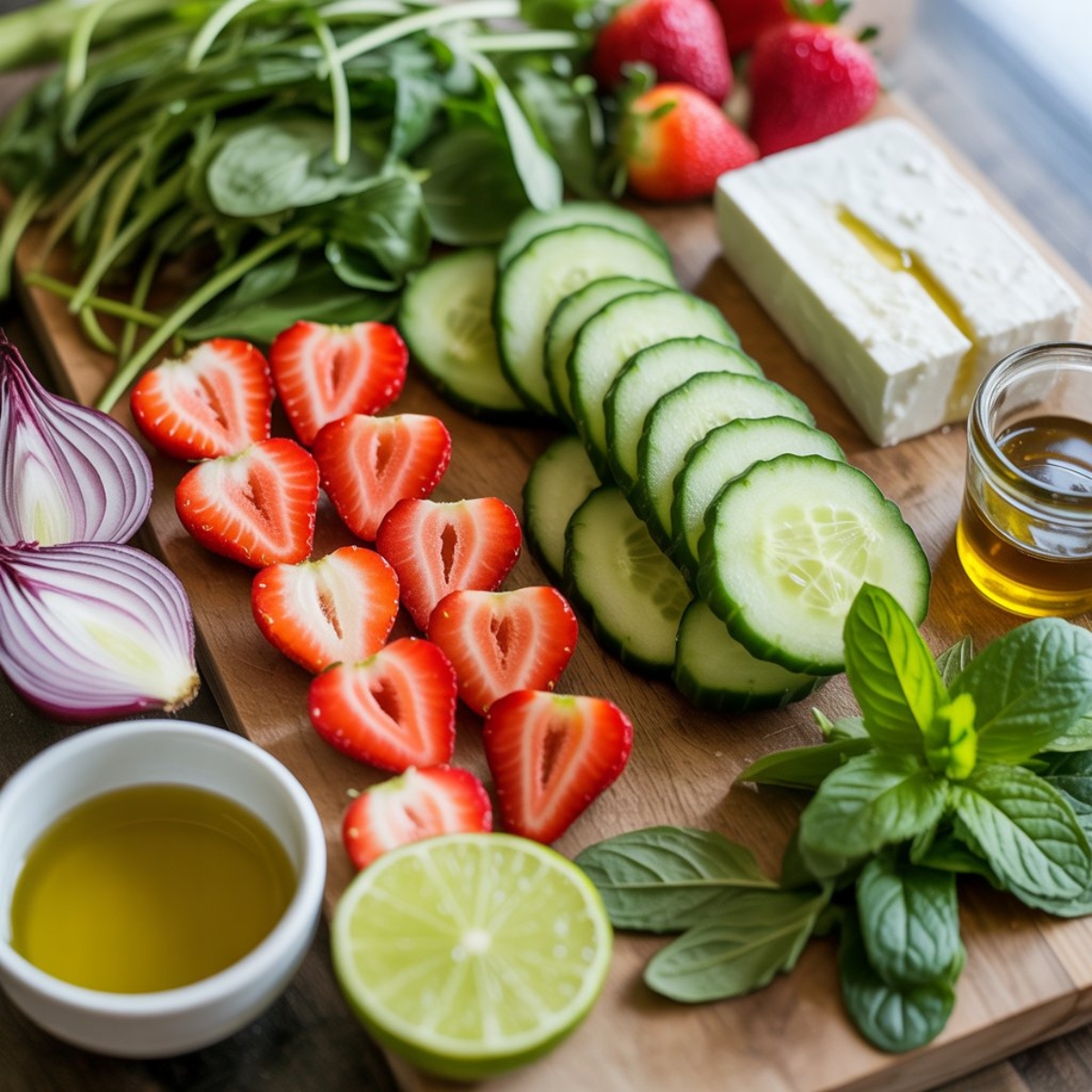 Cucumber strawberry salad ingredients laid out on a wooden cutting board