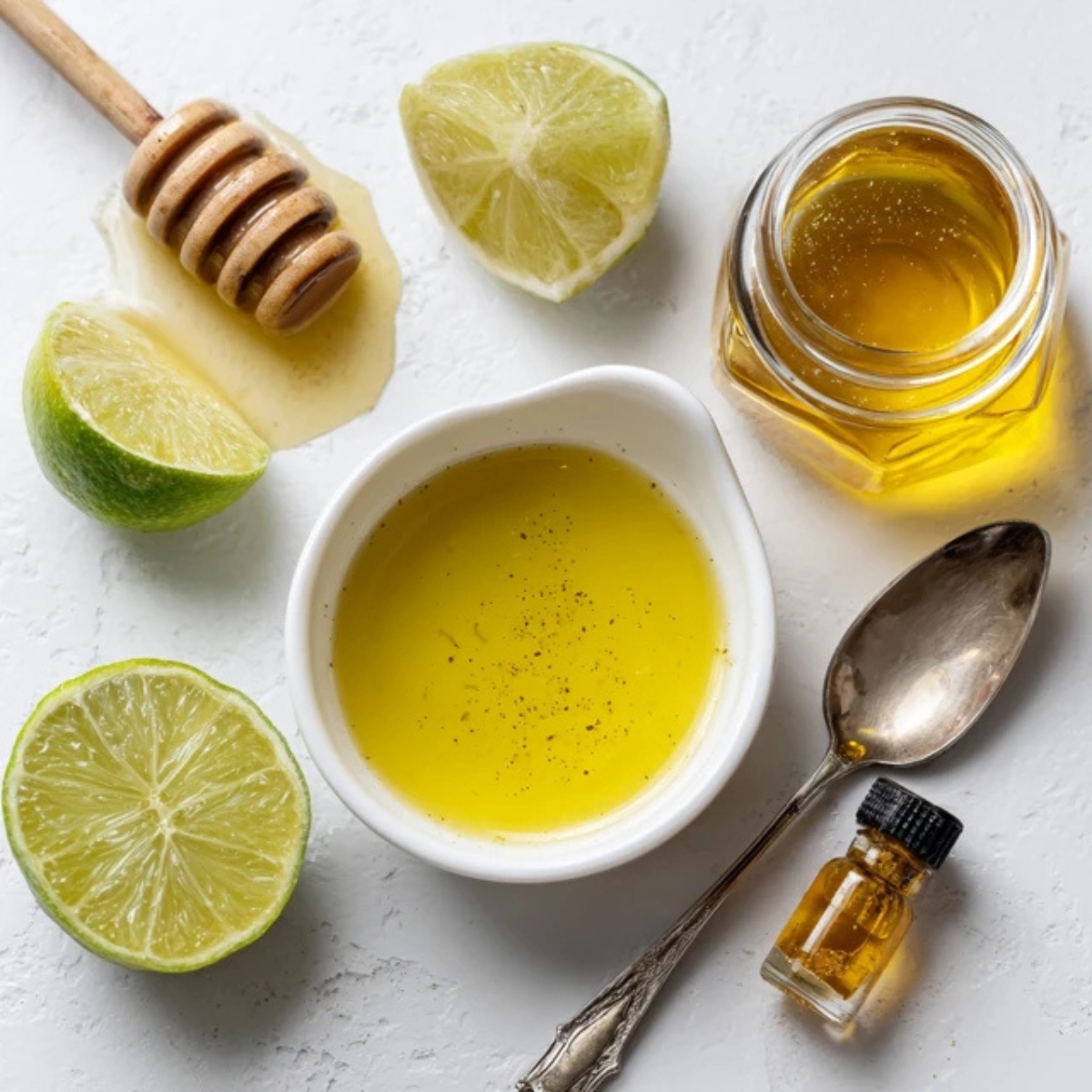 Homemade honey lime vinaigrette in a small bowl on white counter.