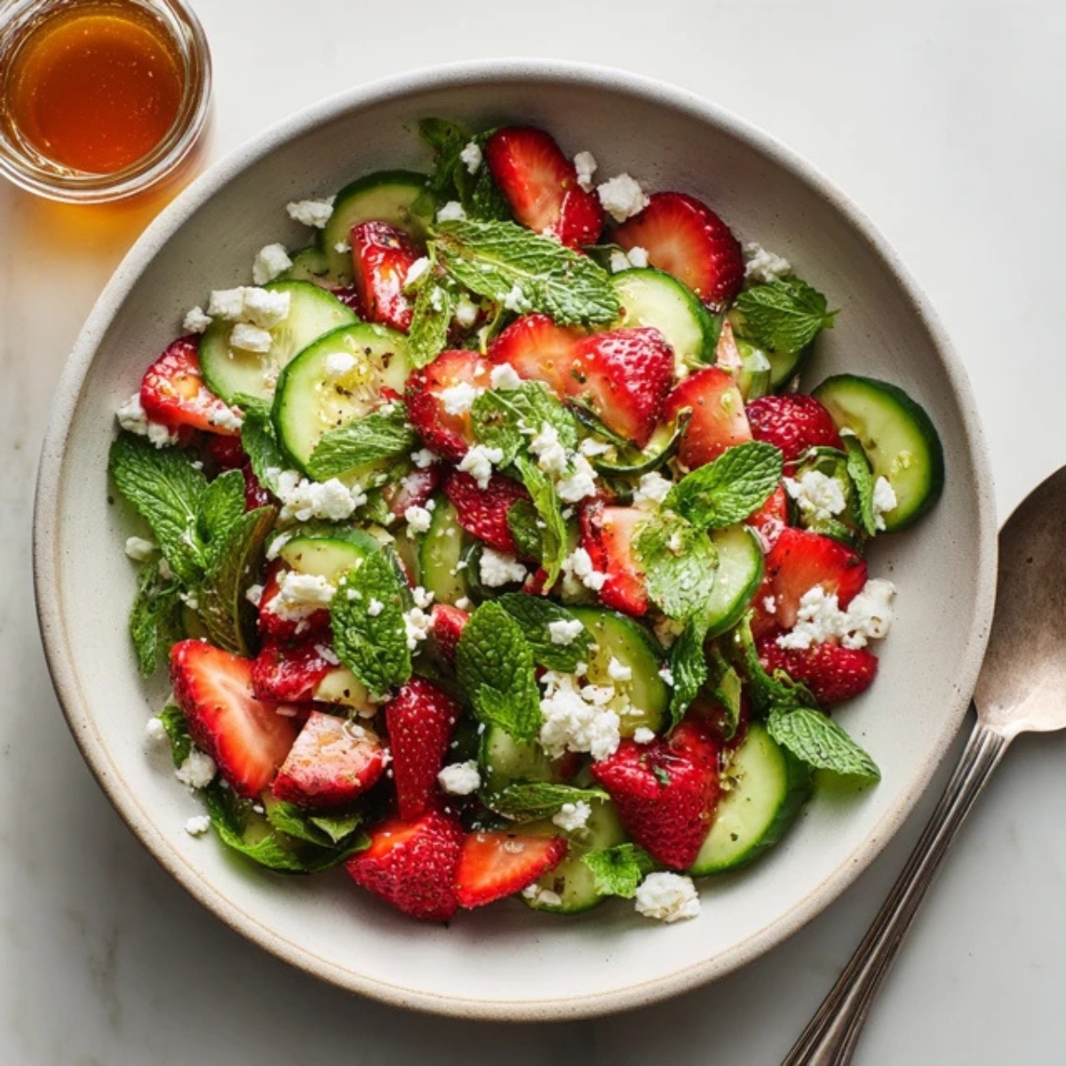 Fresh cucumber strawberry salad in a serving bowl on white counter.

